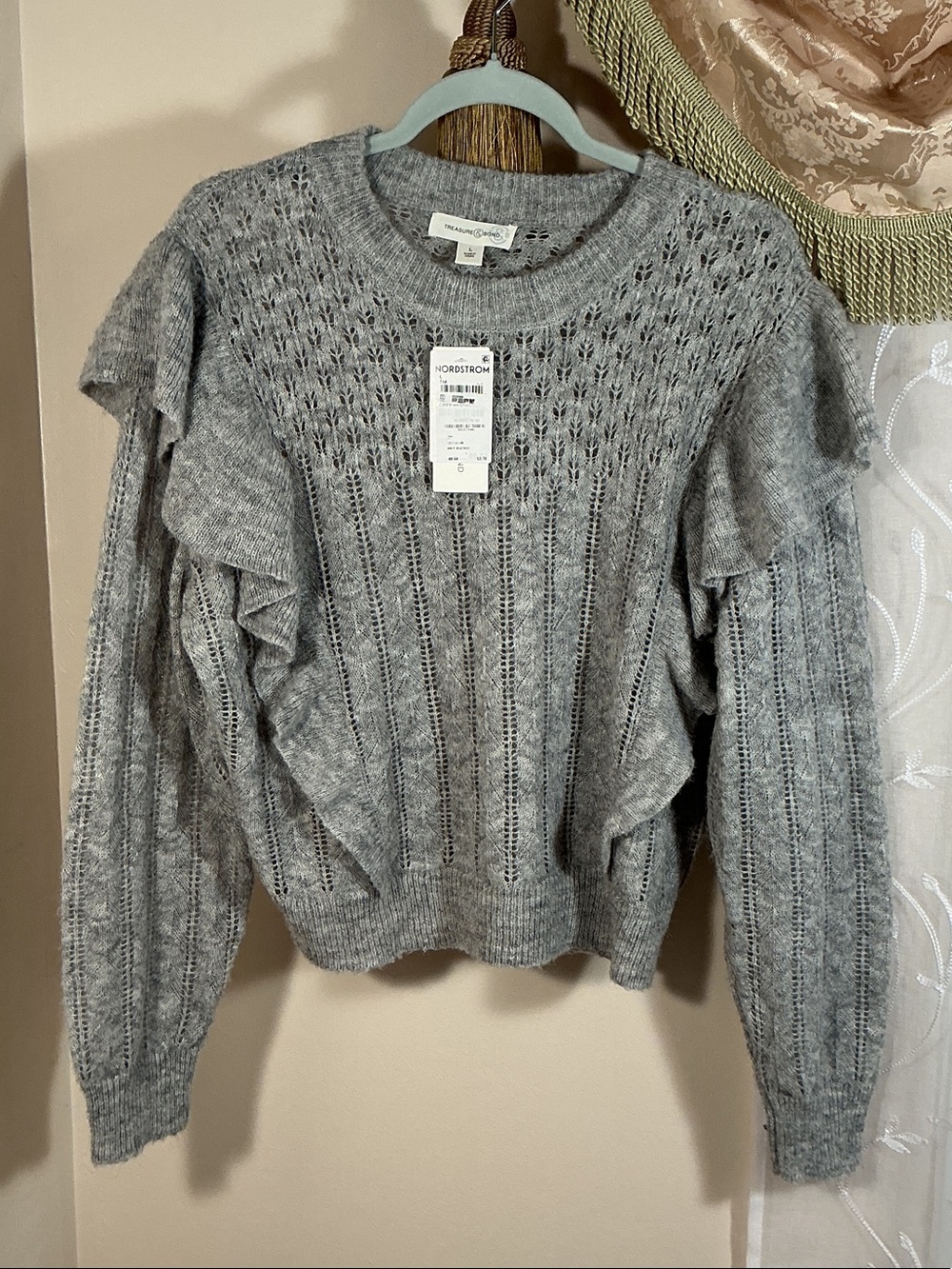 NWT Treasure & Bond Grey Ruffle Openwork Knit Pullover Sweater Wool Alpaca Sz L